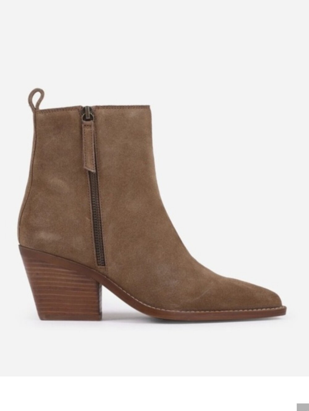House of Harlow 1960 Taupe Suede Ankle Bootie with Stacked Heel